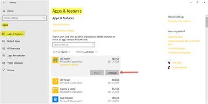 apps & features windows 10