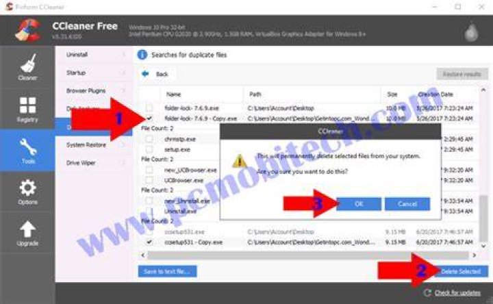 The CCleaner window CCleaner window remove duplicate files windows 10