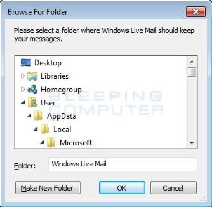 Change Windows Live Mail folder location