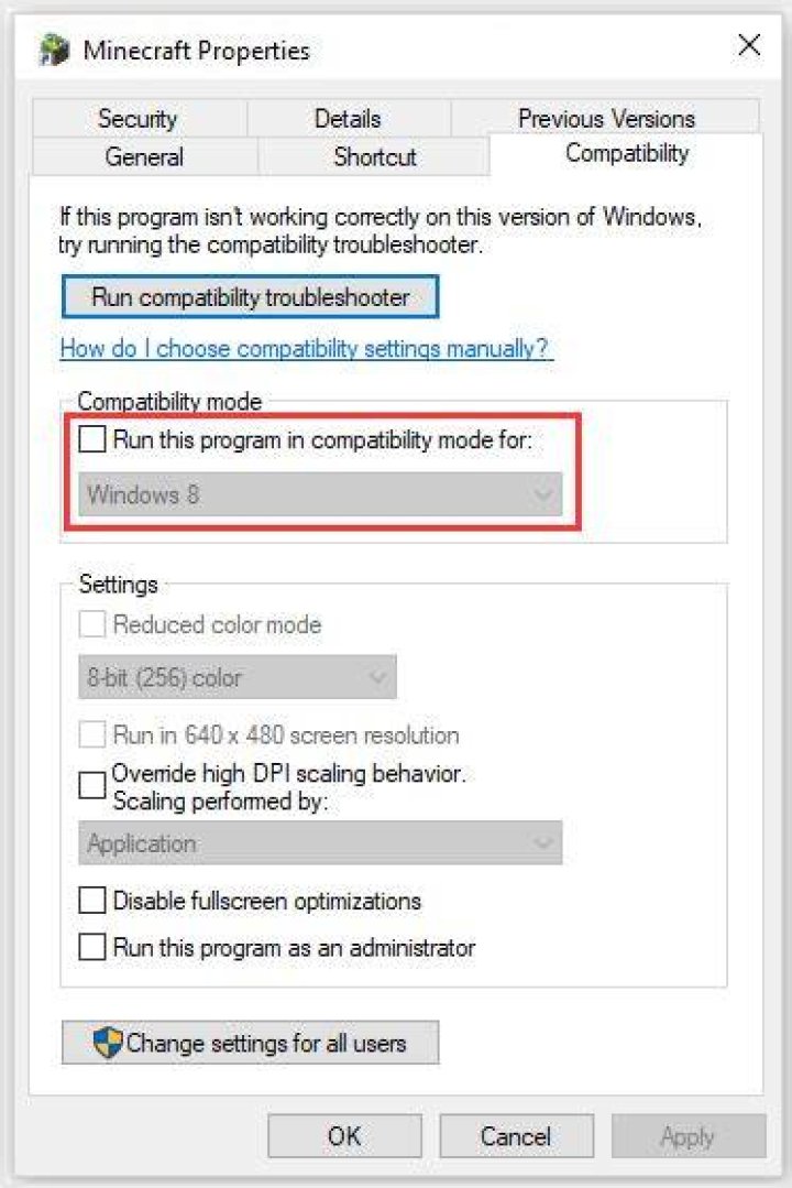 compatibility mode minecraft won't start