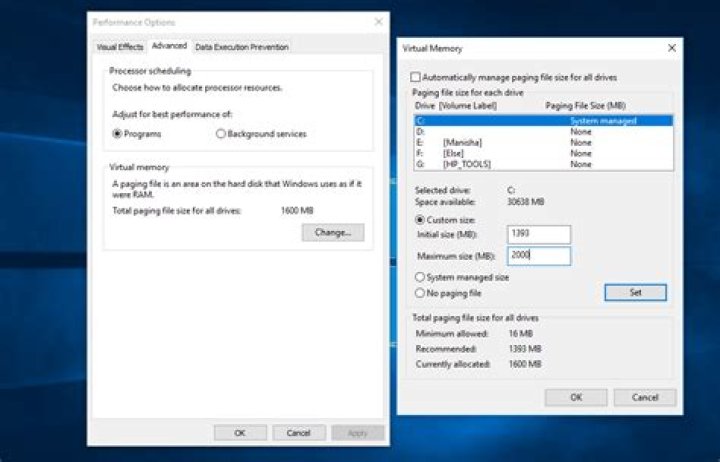 fix virtual memory on Windows 10