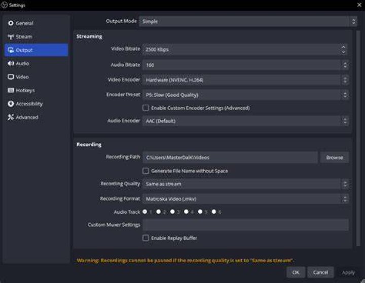 The Output tab Output tab obs studio windows 11