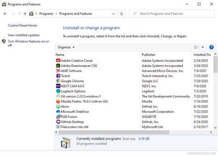 The Programs and Features uninstaller Programs and Features window error compiling for board arduino/genuino uno