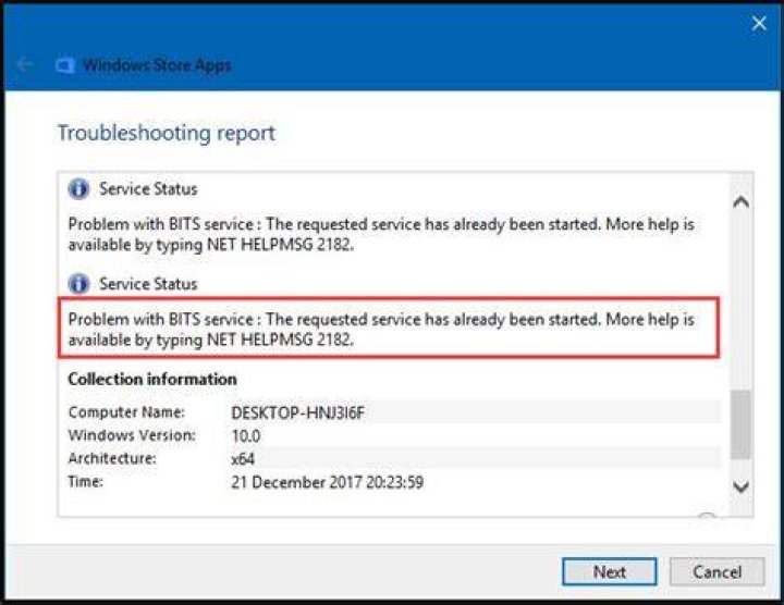 The BITS Troubleshooter window The BITS TroubleshooterNET HELPMSG 2182