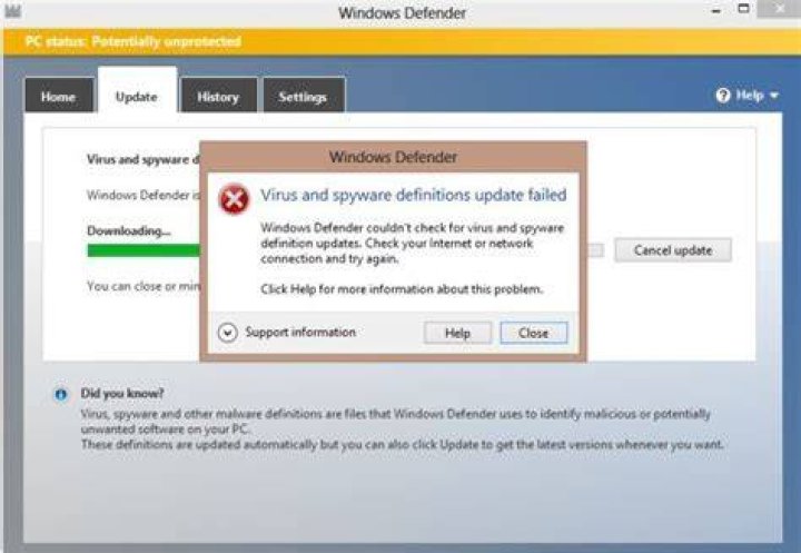 Windows Defender update connection failed